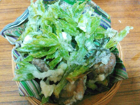 間引き菜と椎茸の天ぷら